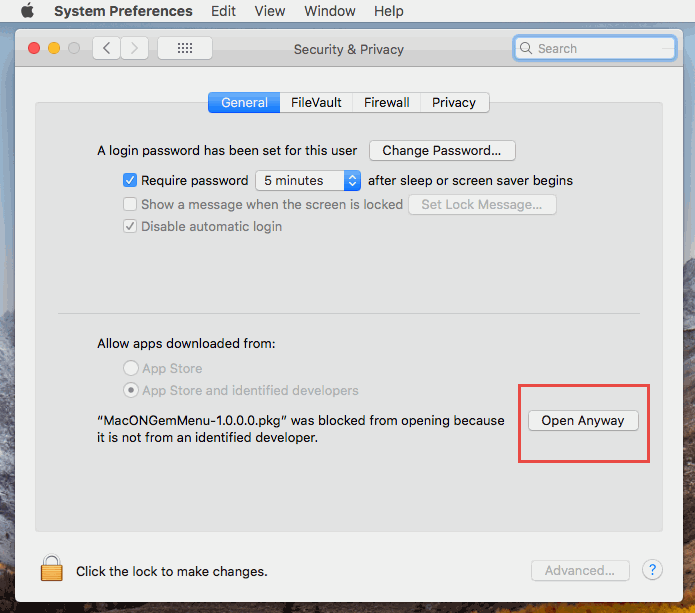Install Gem Menu for Mac OneNote in Mac OS system preferences / security & privacy.