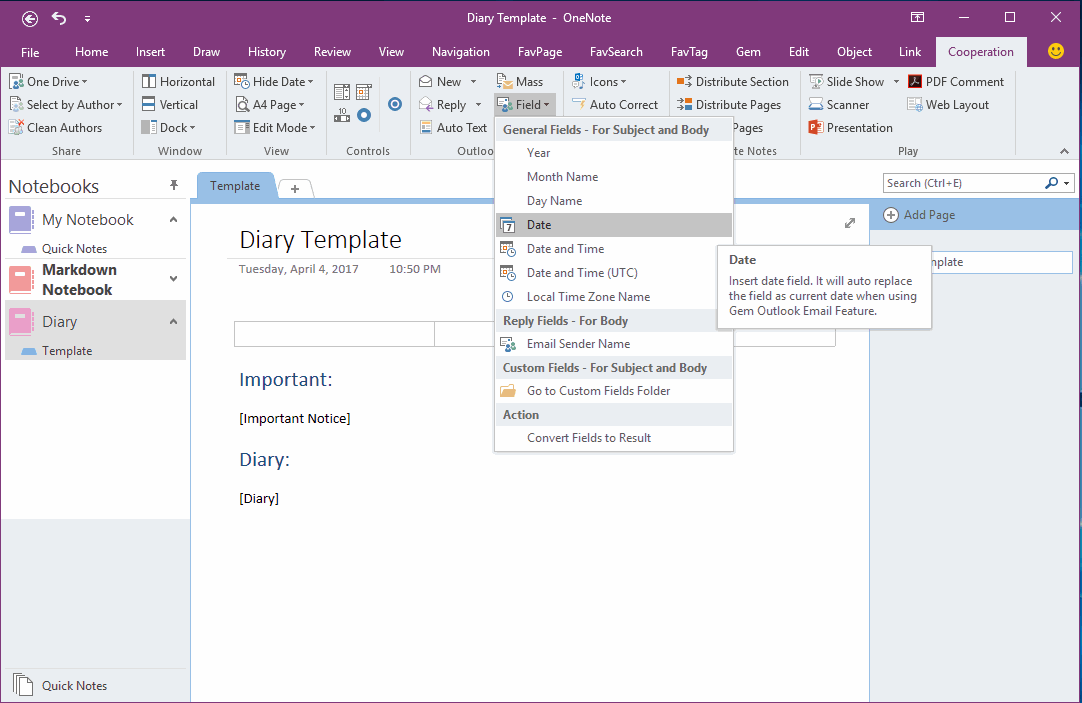 How To Create And Using Date Fields In An OneNote Template Office OneNote Gem Add Ins