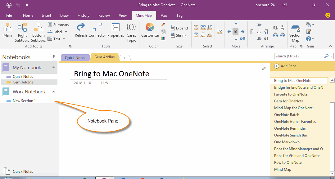 onenote for mac 2016 sections on left