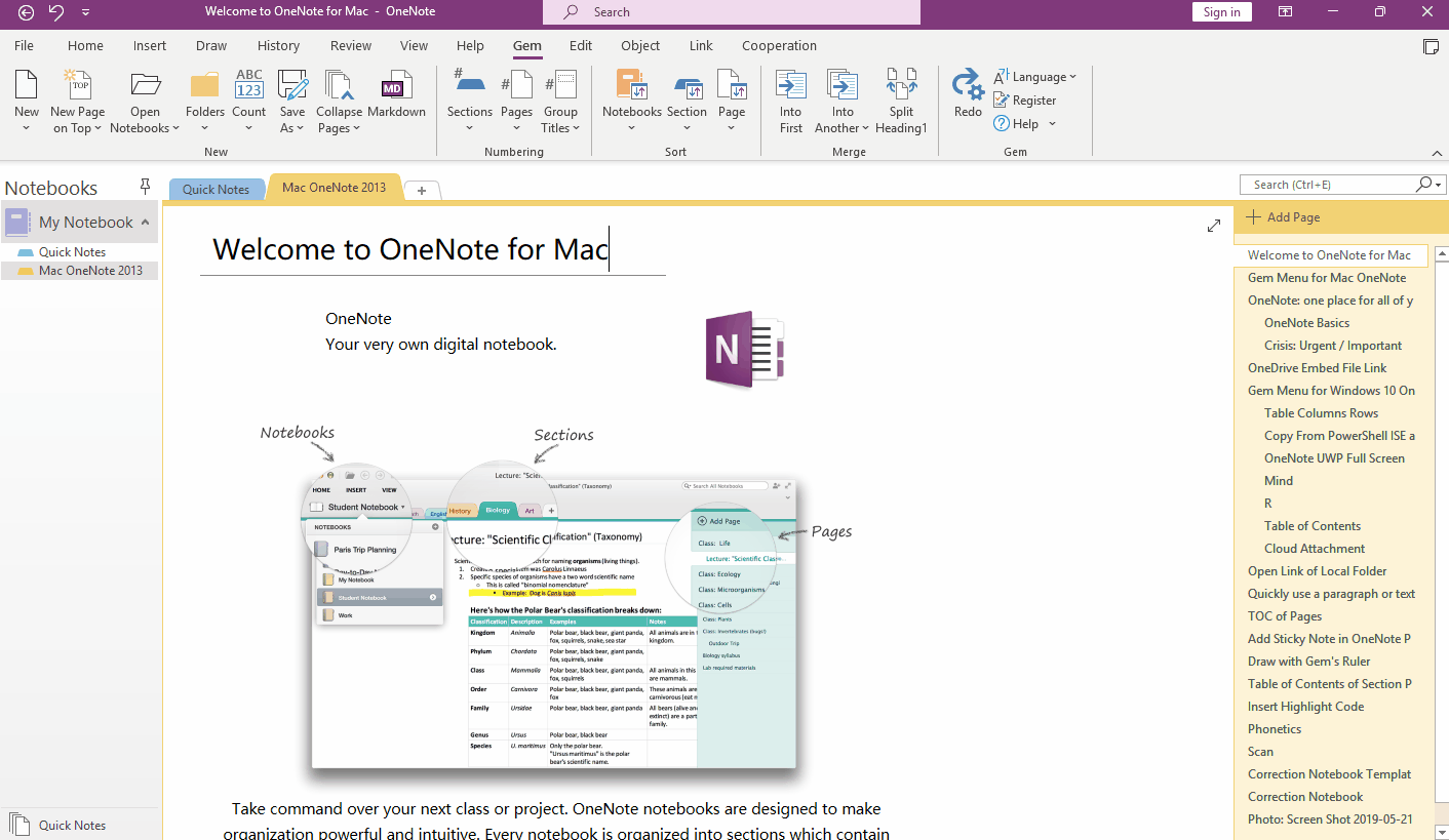 Use the long view provided by Gem for OneNote to see all the pages in a section of OneNote at once.