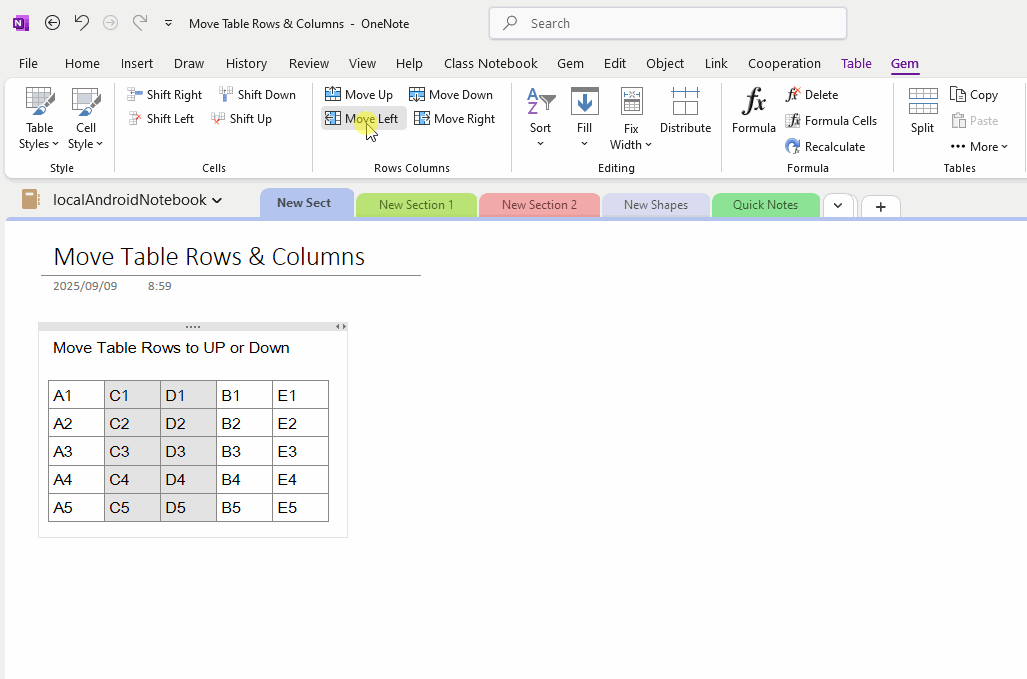 Move the selected column to the left