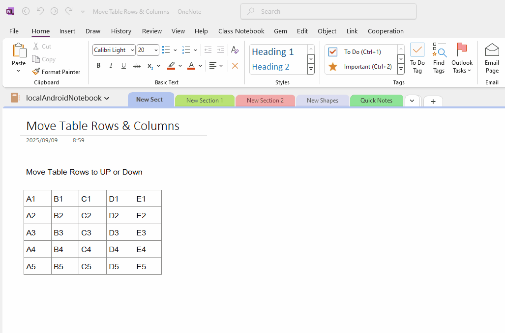 Move selected rows up or down, move selected columns left or right in a OneNote table.