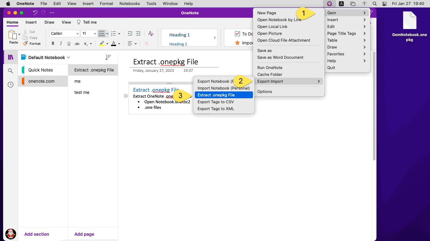 Use the Gem Menu for Mac OneNote to Extract the onepkg Package