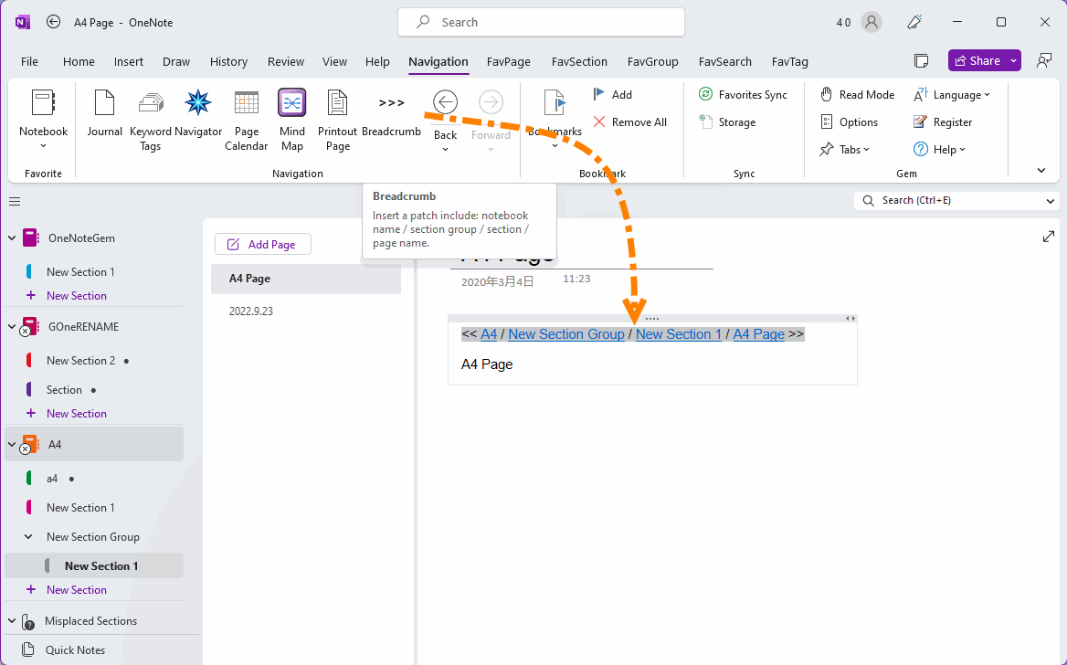 Use the OneNote Gem - Favorites insert a breadcrumb navigation for the current page in Windows Office OneNote.