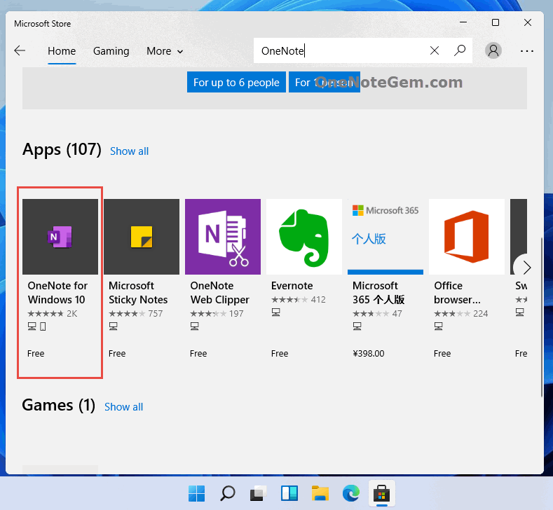 Search and Install OneNote for Windows 10 in Microsoft Store
