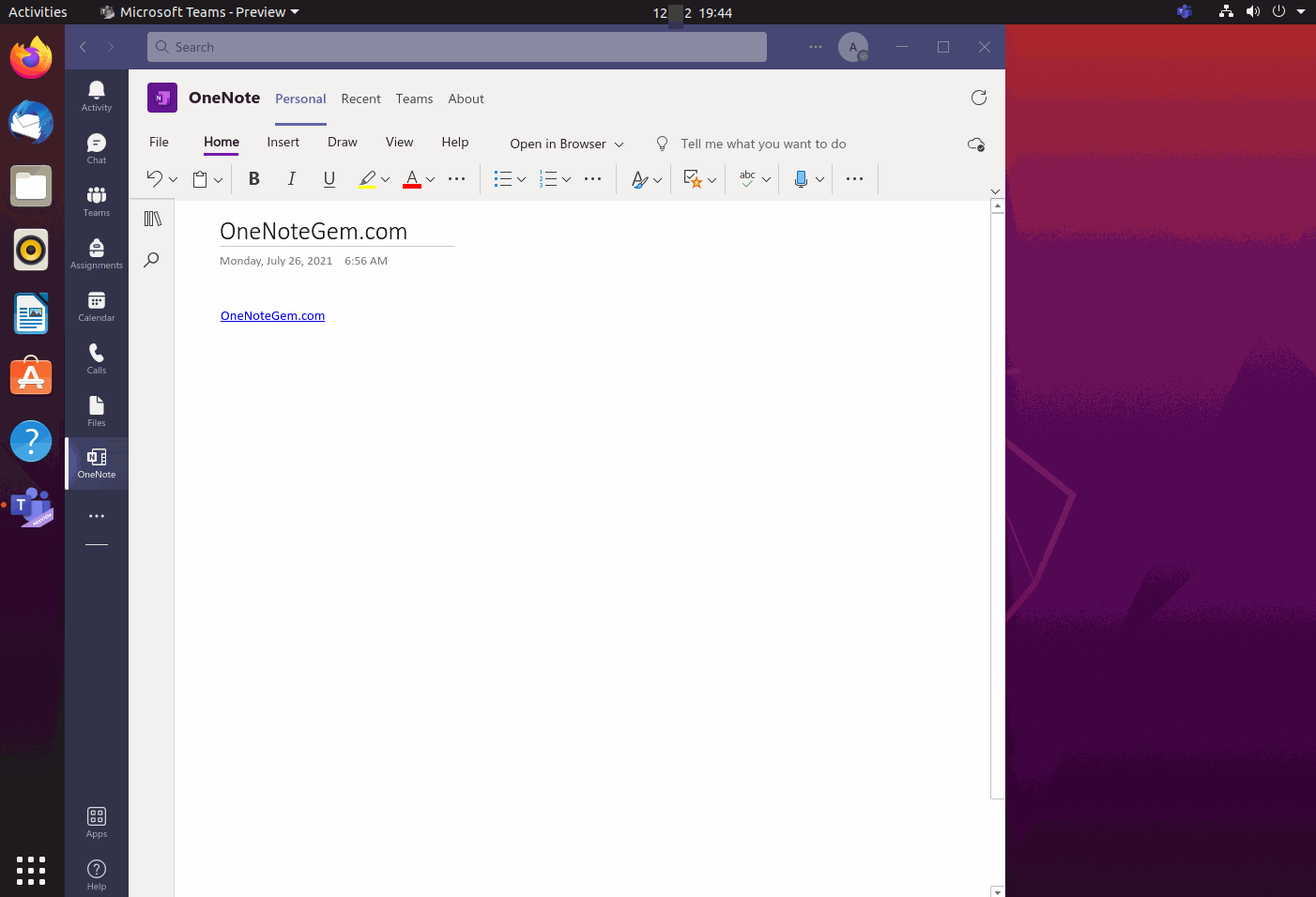 Use OneNote in Microsoft Teams for Linux