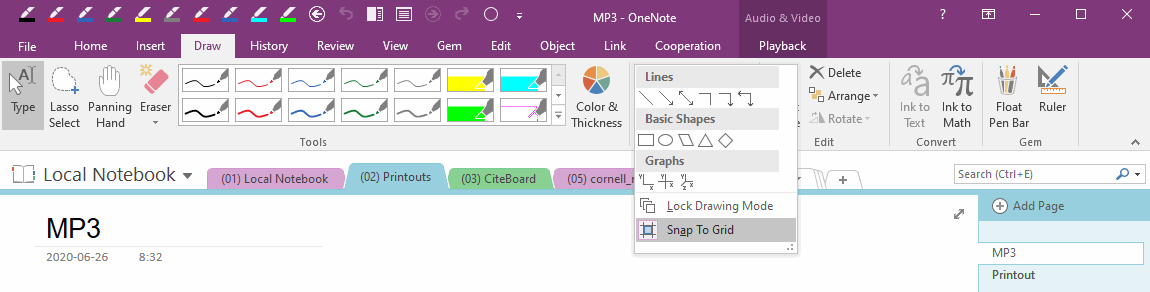 Turn off shape snap to grid in OneNote so that when you draw a line, the end point is smoothly aligned to a point.
