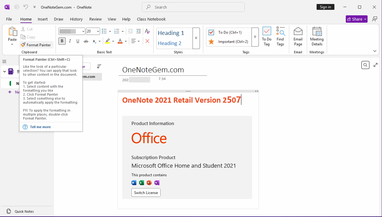 OneNote v2507 Format Painter Shortcut
