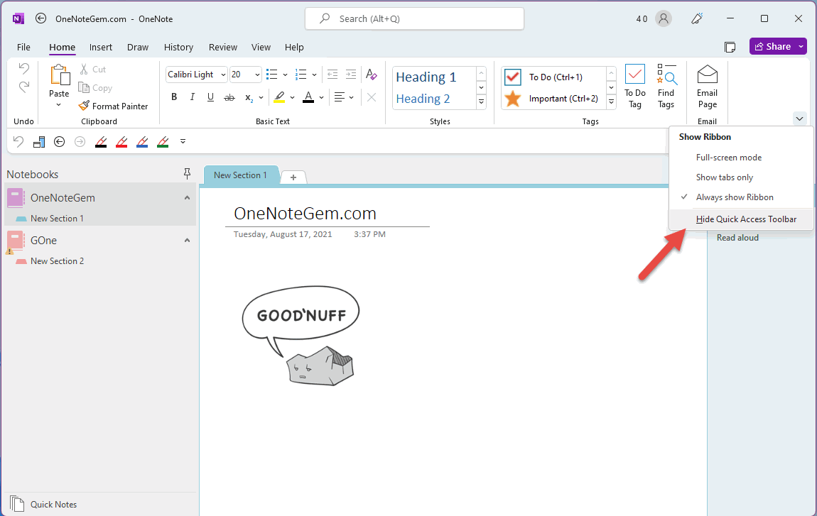 onenote disable quick notes