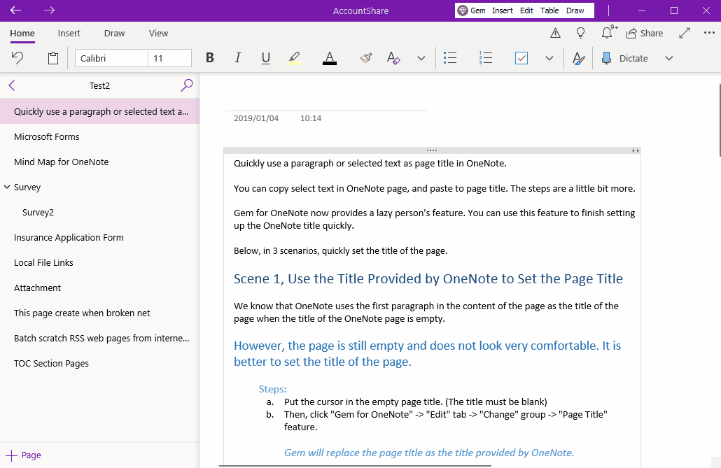Use the Gem Menu to quickly select a paragraph as the title of the page in OneNote.