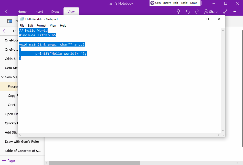 Use Gem Menu to highlight the computer program code and insert it into the OneNote UWP.