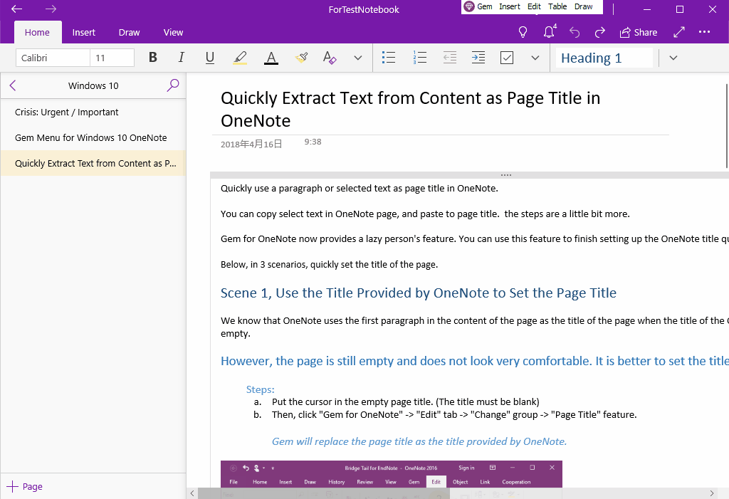 Use the Gem Menu to create table of contents for headings for OneNote for Windows 10.