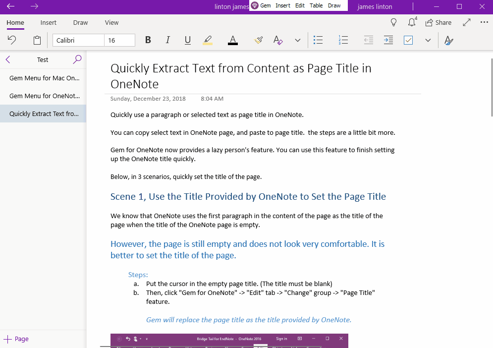 Use the Gem Menu to save the selection of OneNote for Windows 10 as a PDF file, and convert the headings of OneNote as PDF bookmarks.