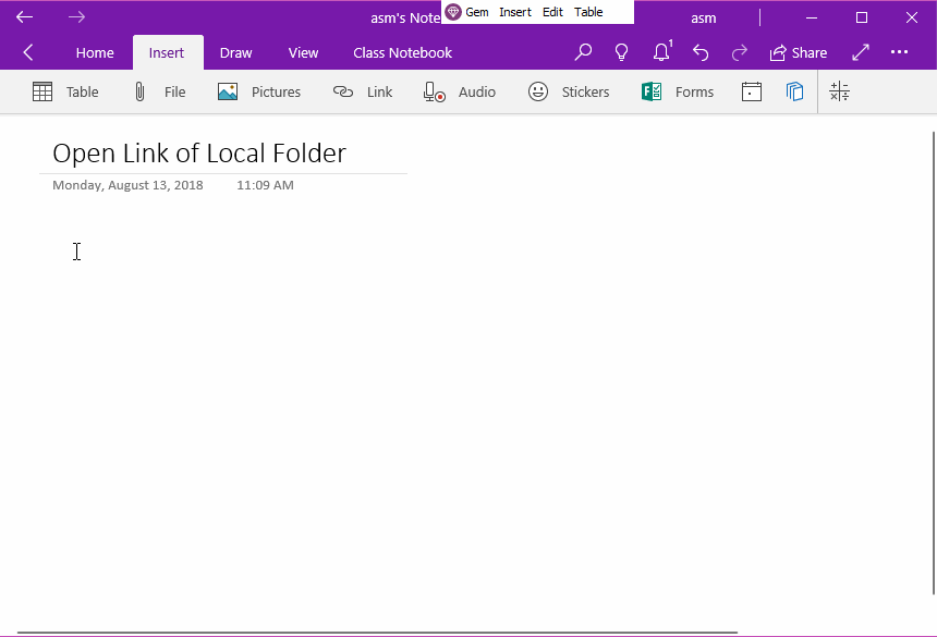 Use the Gem Menu to open a link to a local folder in OneNote for Windows (UWP).