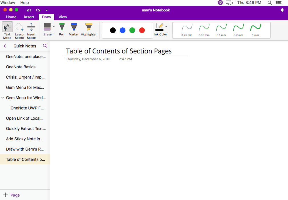 Use the Gem Menu to create table of contents for pages of current MAC OneNote section.