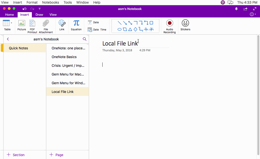 Use Gem Menu for Mac OneNote help to open local file link from Mac OneNote.