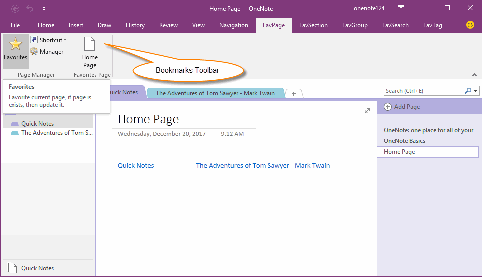 Home Page in OneNote Bookmark Toolbar