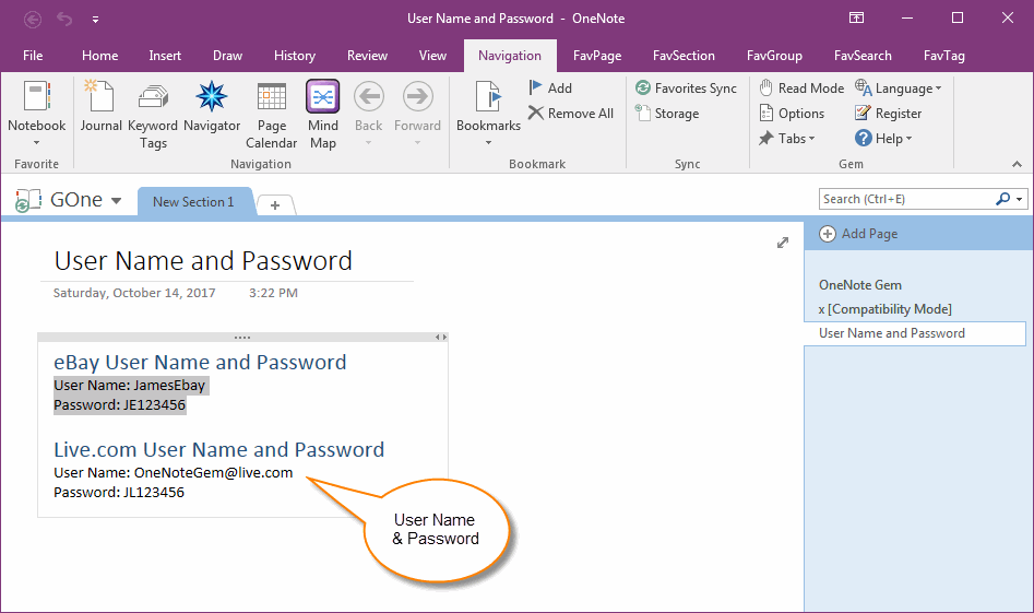 Format Your User Name & Password in OneNote