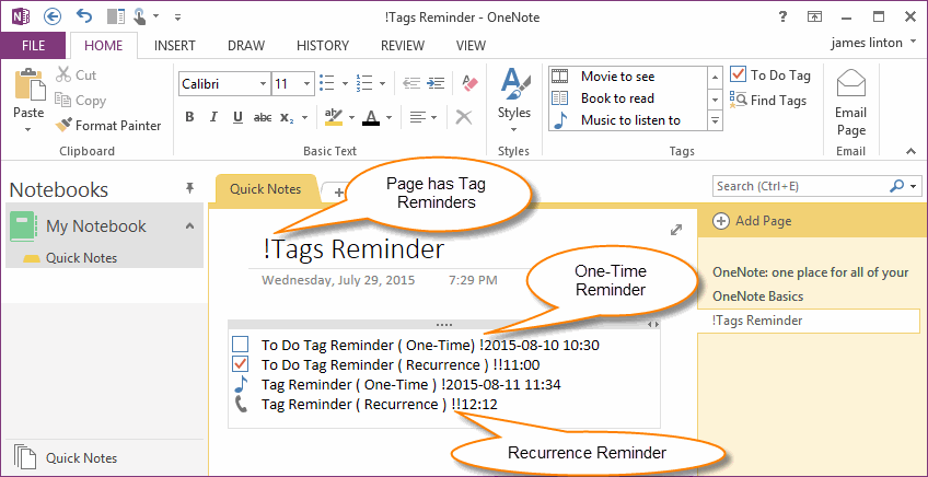 OneNote Page Include Tag Reminder