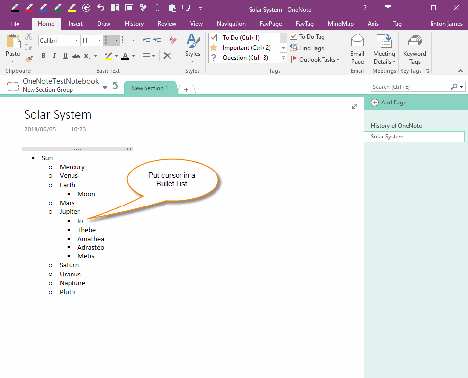 Step 1: Put the Cursor in a OneNote Bulleted List 