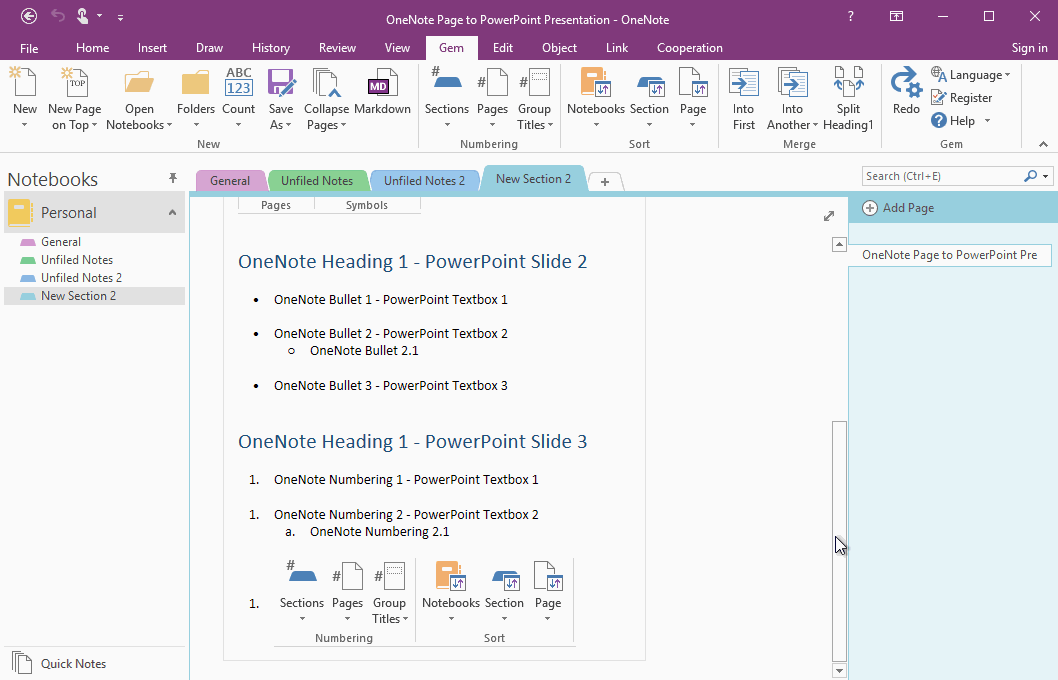 Convert OneNote page to PowerPoint presentation, slides, text boxes with Gem for OneNote.