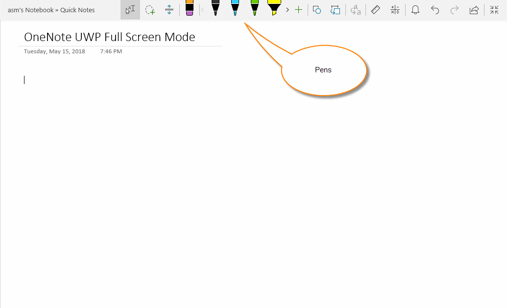 Drawing Tools with Pens Show on Top of OneNote UWP in Full Page View