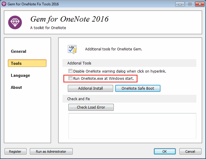 Enable Run OneNote at Windows Start