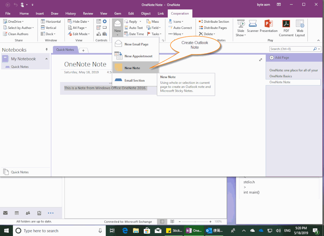 Create Outlook Note from OneNote Using Gem Add-In