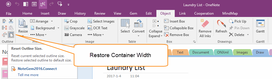 Reset and Restore Width of OneNote Container