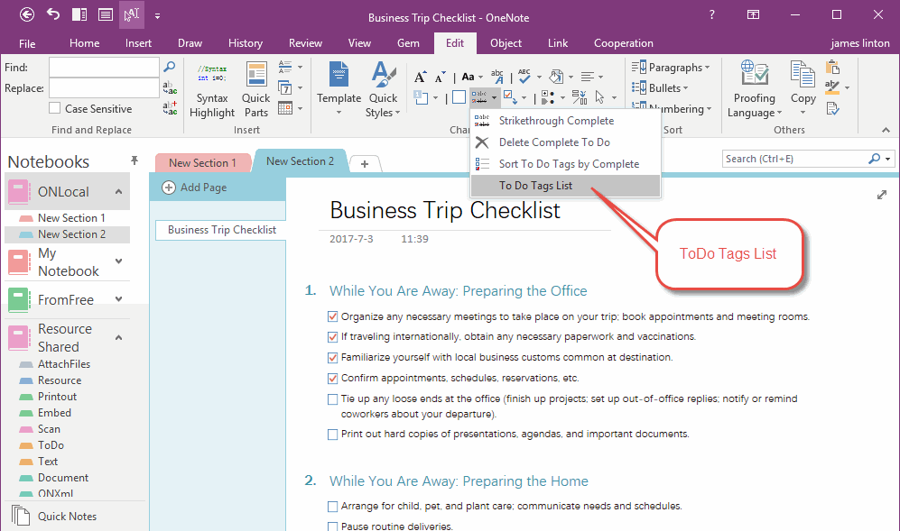 To Do Tags List in OneNote
