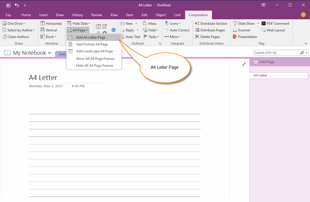 Insert A4 Frame with Genko Into OneNote Page