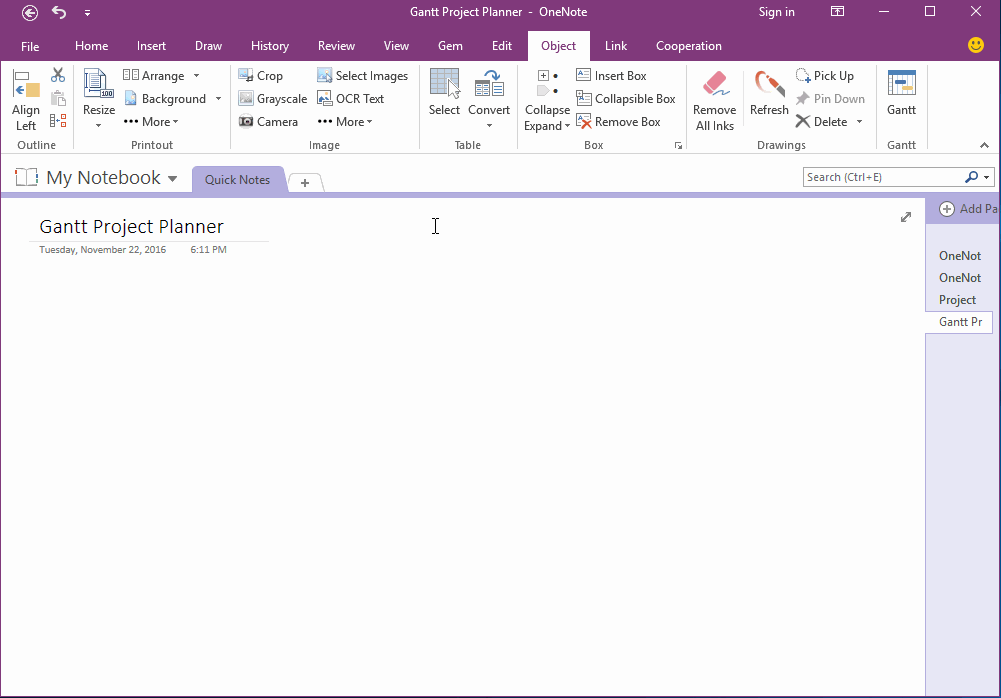 Gantt Project Planner Template for OneNote