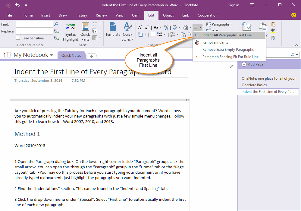 Indent the First Line of all Paragraphs in OneNote by One Click