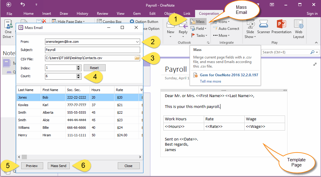Mass Merge Mails and Send using Gem for OneNote