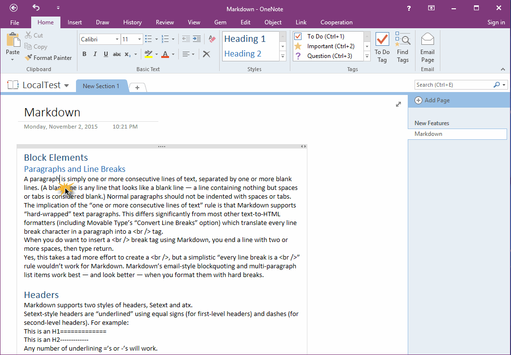 Place cursor in OneNote Page