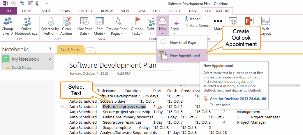 New Outlook Appointment in OneNote