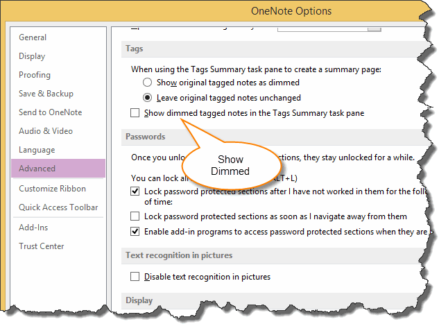 Show dimmed tagged notes in the Tags Summary task pane
