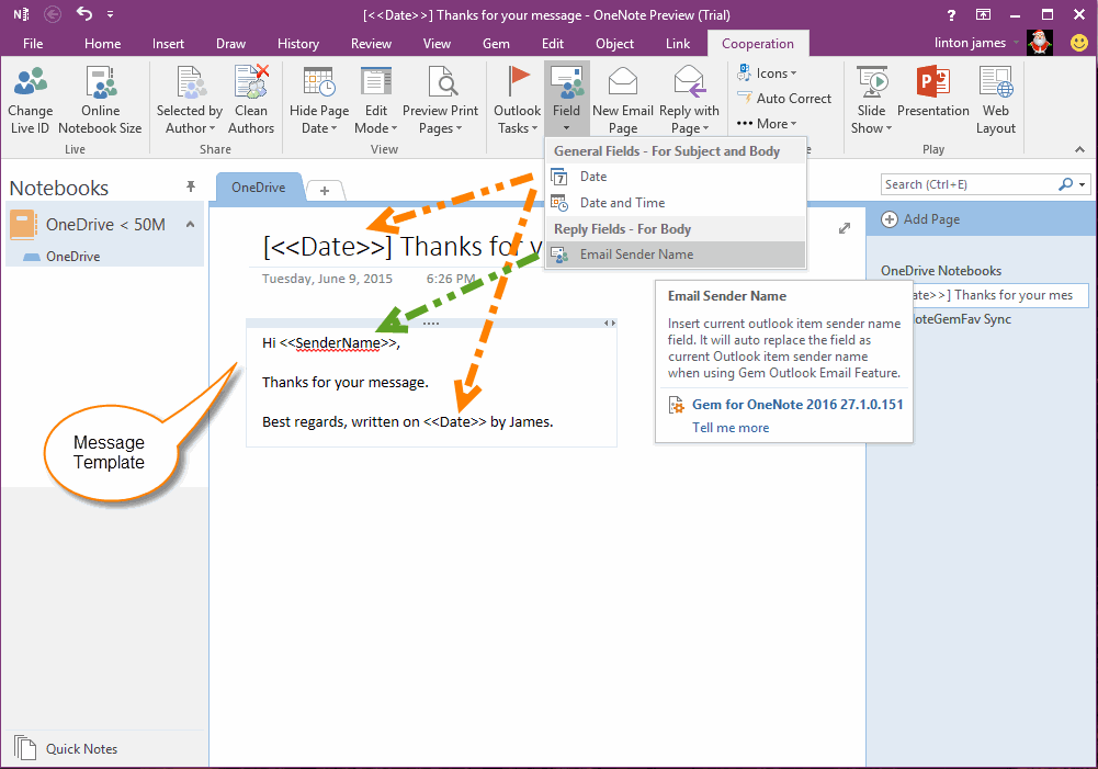 Wriet an OneNote page as message template