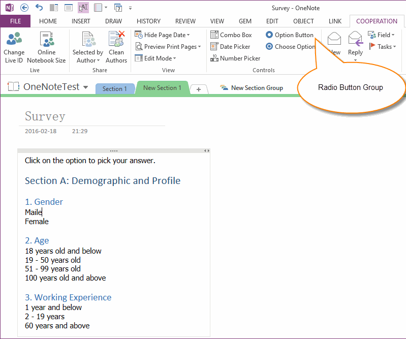 OneNote Option Button and Choose Option Features
