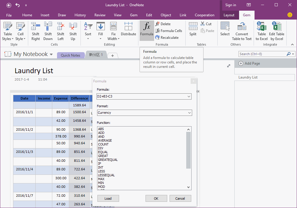 Where is the Formula for OneNote Table