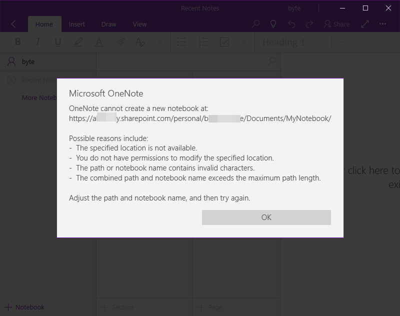 OneNote Cannot Create a New Notebook
