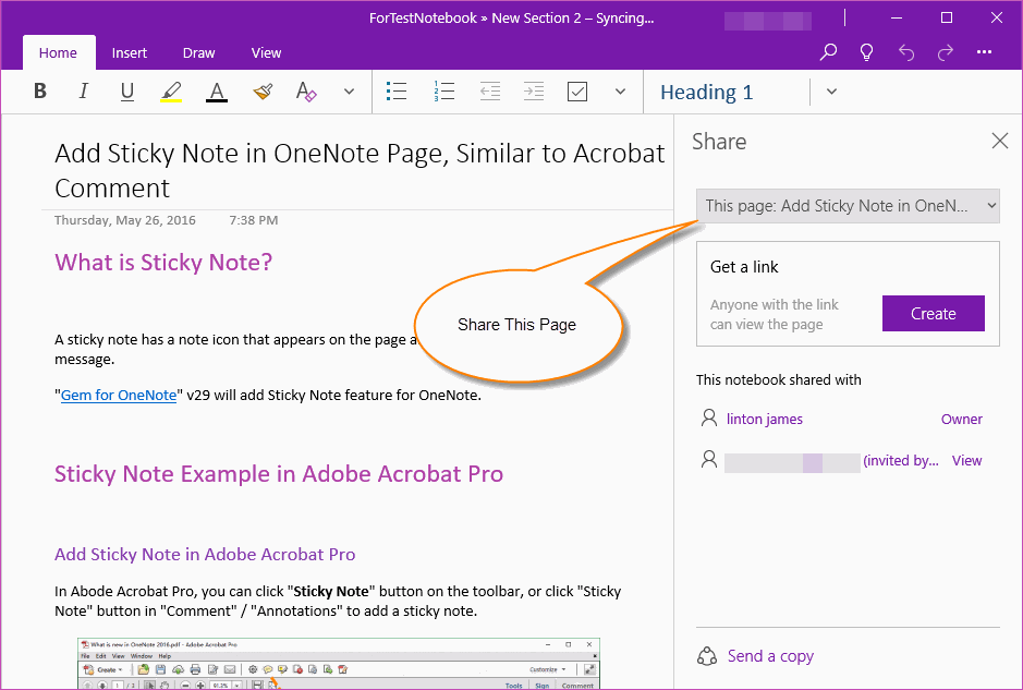Shared Links to Single Page in OneNote for Windows 10