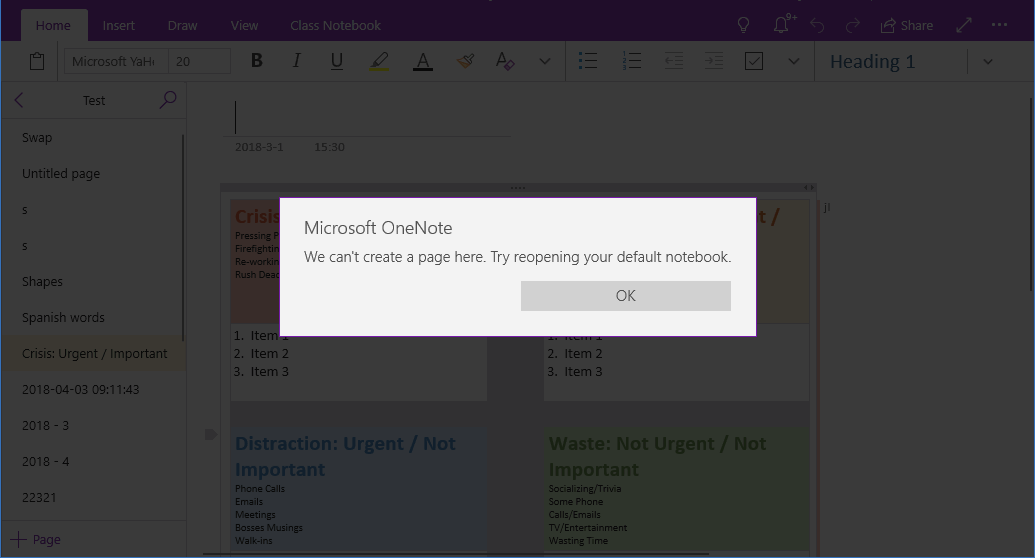 We can’t create a page here. Try reopening your default notebook.