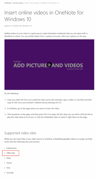 OneNote support video sites