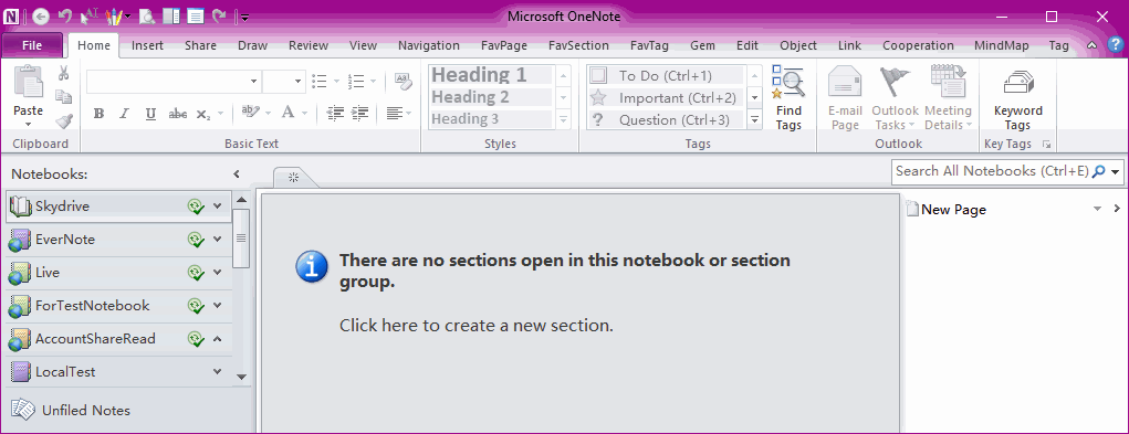 There are no sections open in this notebook or section group.  Click here to create a new section