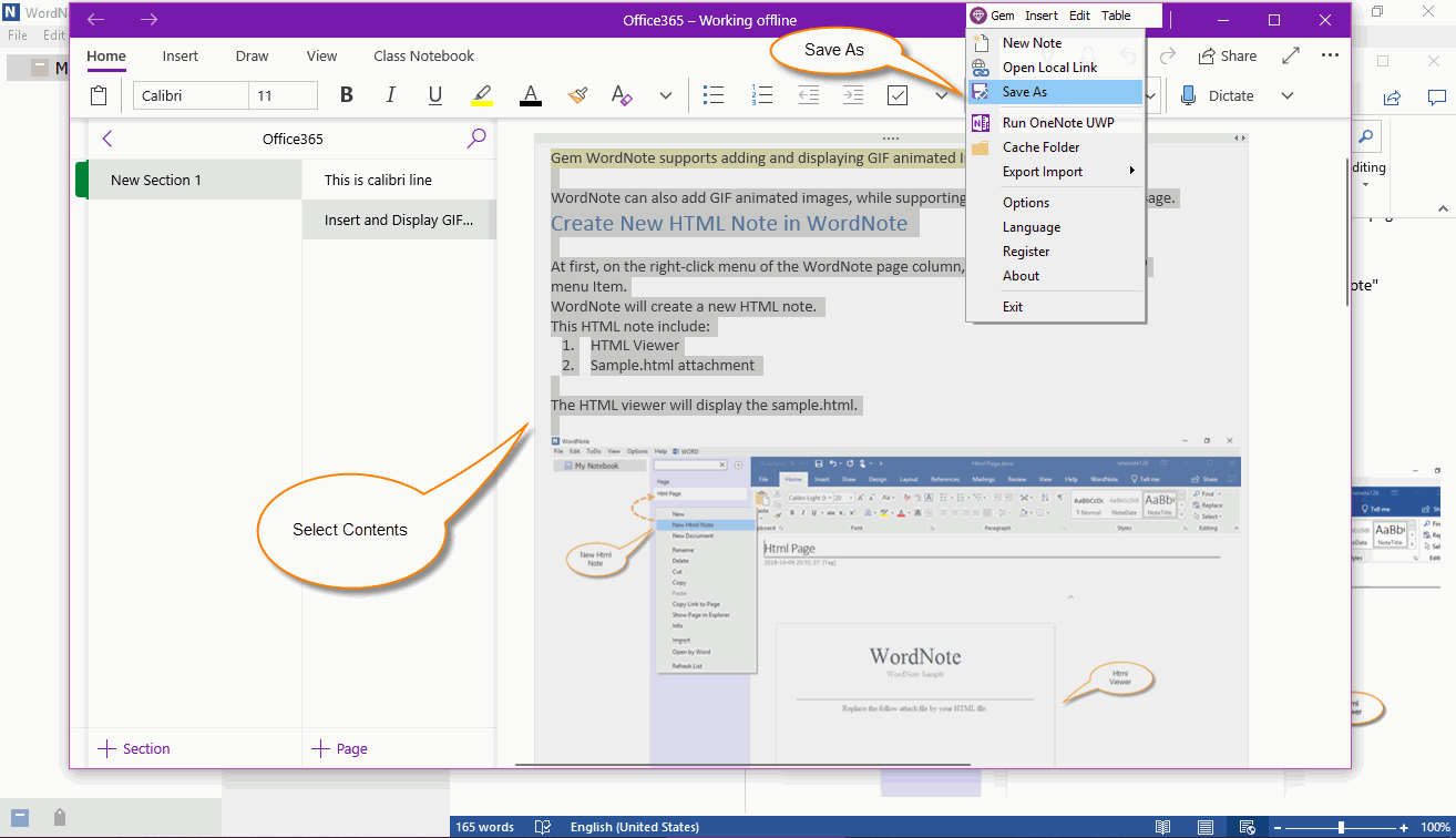 After Selected the OneNote Content, click Save As Feature of Gem Menu 