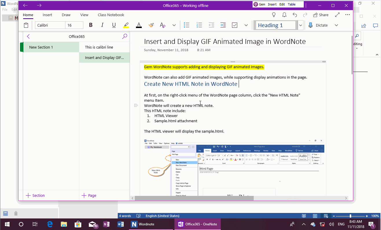 Save OneNote's content as a Word document into WordNote using the Save As feature of the Gem Menu for OneNote UWP.