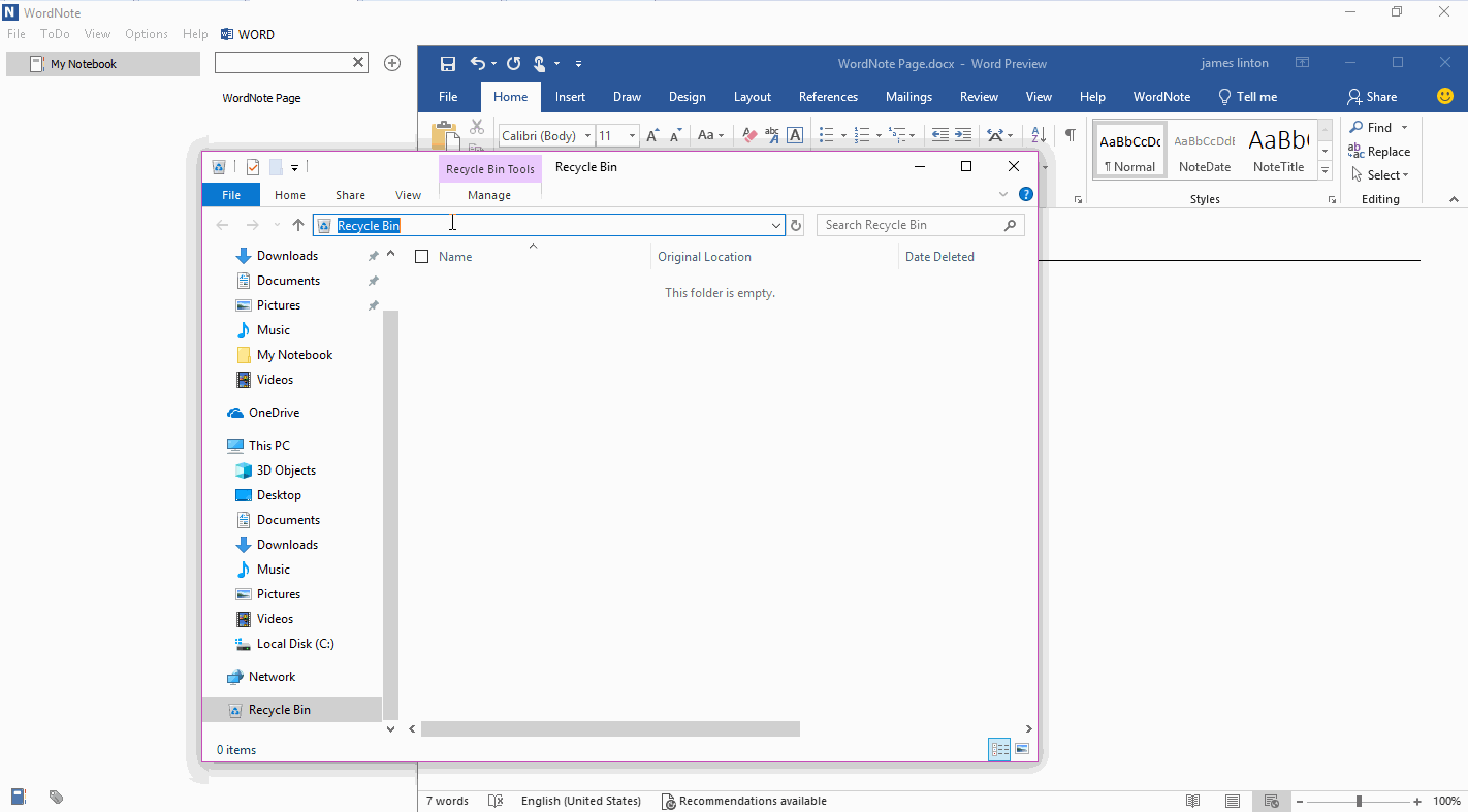 WordNote uses the Windows Recycle Bin to restore renamed or deleted pages