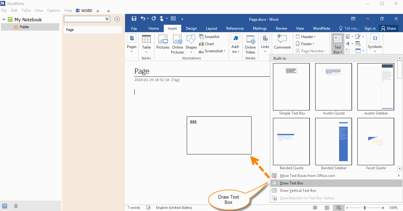 Use Text Box In WordNote To Replace The OneNote Container And Place It 