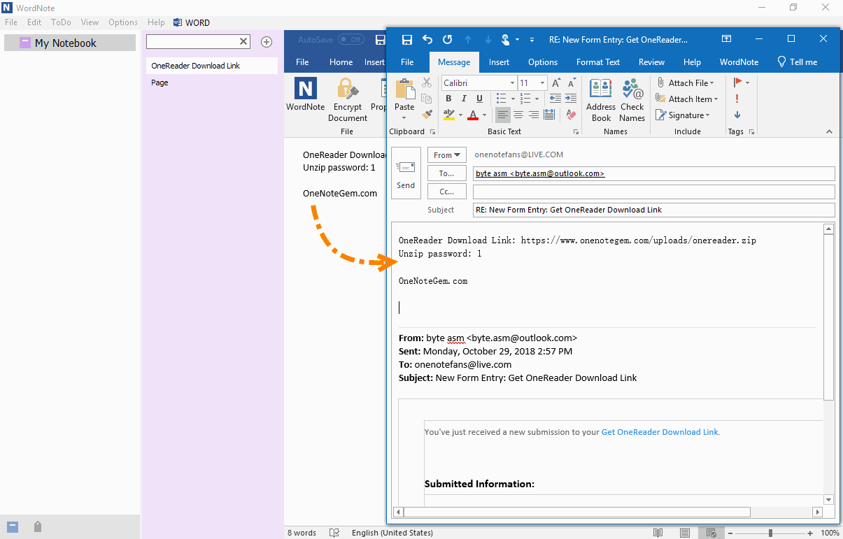 Outlook: Contents of WordNote Page Appear at the Top of the Reply Message 